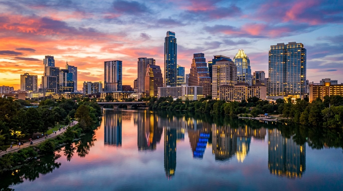 Austin Texas downtown skyline on Lady Bird Lake with colorful sunset