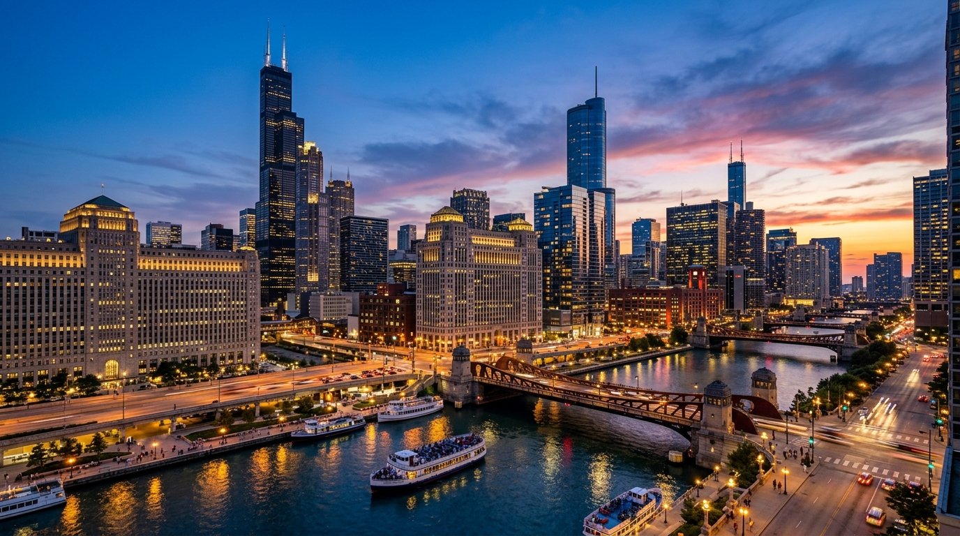Chicago Illinois city skyline along the Chicago River with illuminated skyscrapers