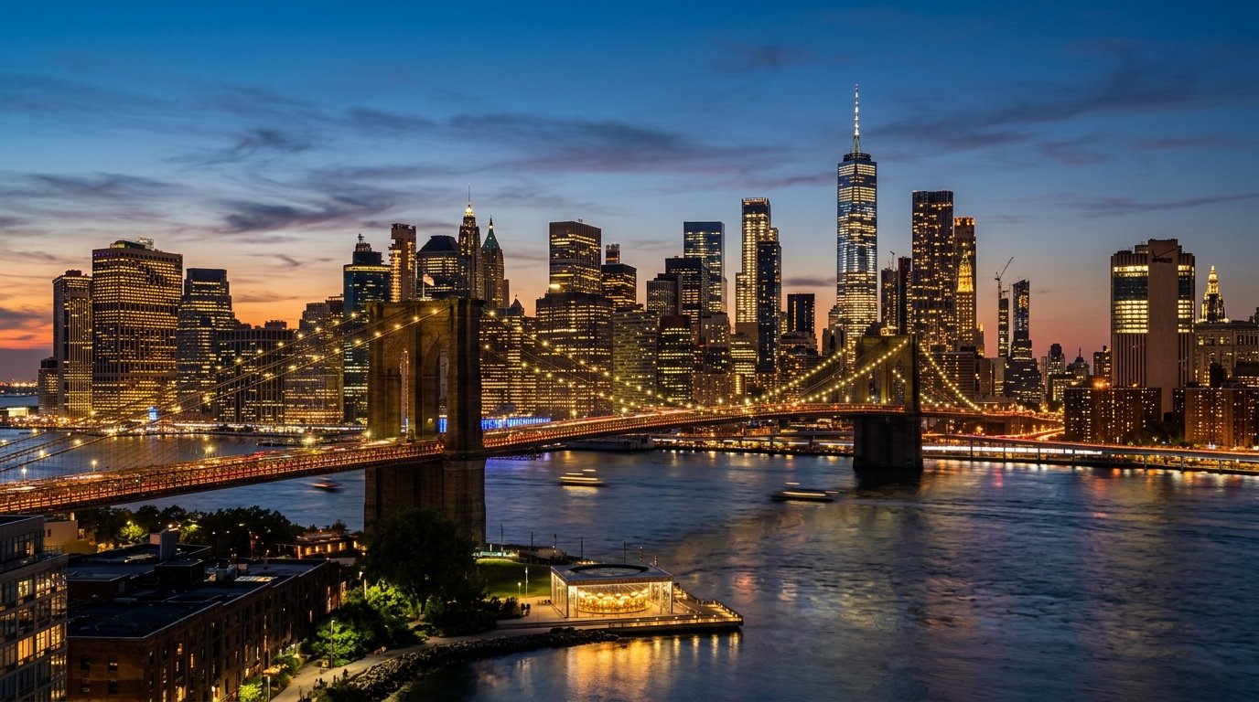 New York City skyline with Brooklyn Bridge and Manhattan skyscrapers at dusk